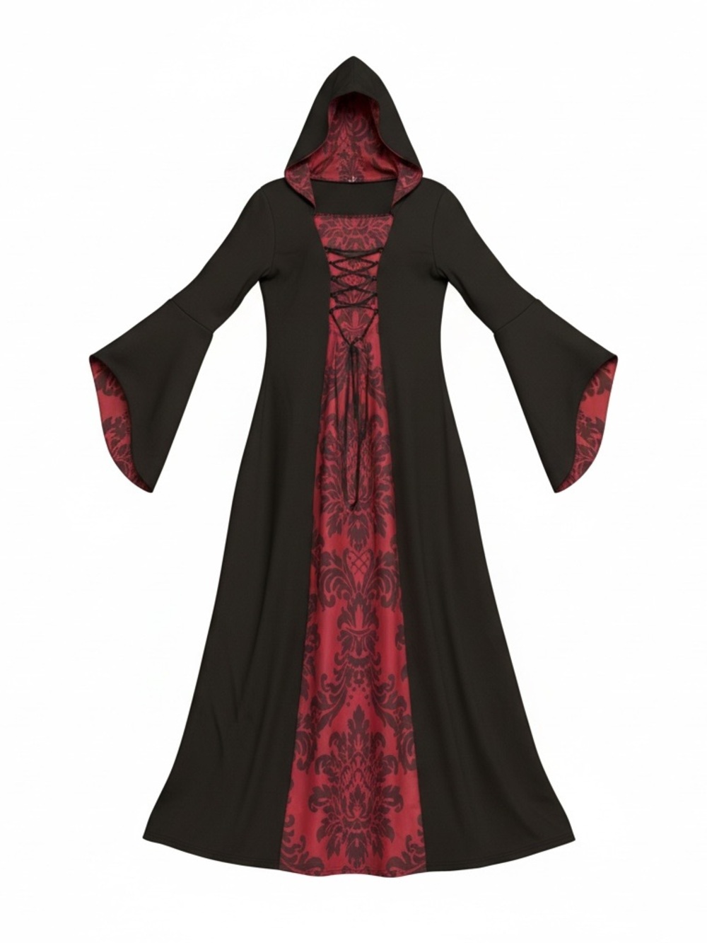 Women’s 2XL Gothic Hooded Medieval Renaissance Dress Black Red Lace-Up Witch Cos
